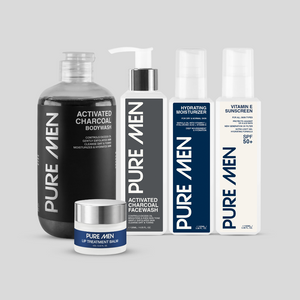 Collection of Pure Men skincare products on a light gray background