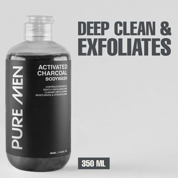 Bottle of Pure Men Activated Charcoal Bodywash on a gray background