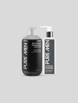 Two bottles of Pure Men Activated Charcoal products on a gray background