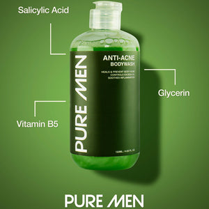 Bottle of Pure Men anti-acne body wash with green liquid on a green background