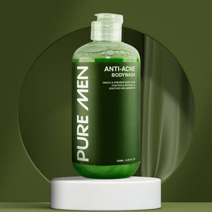 Green bottle of Pure Men Anti-Acne Bodywash on a green background