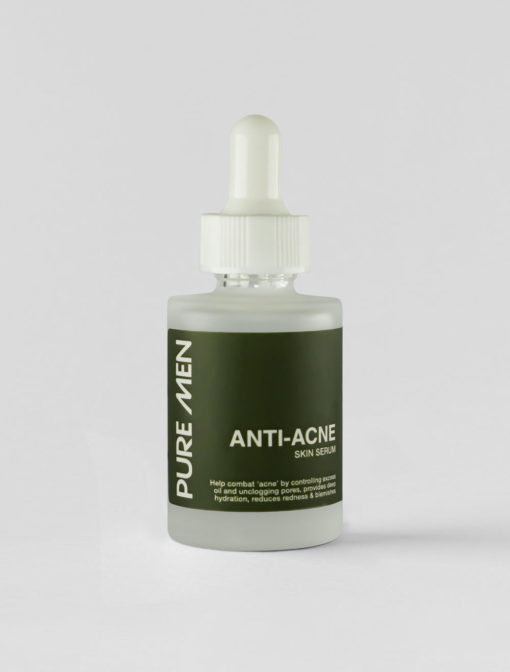 Bottle of Pure Men Anti-Acne skin serum on a light gray background