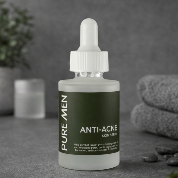Bottle of Pure Men Anti-Acne Skin Serum on a gray surface with a neutral background