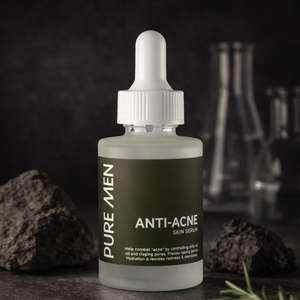 Bottle of Pure Men Anti-Acne Skin Serum with a dark background