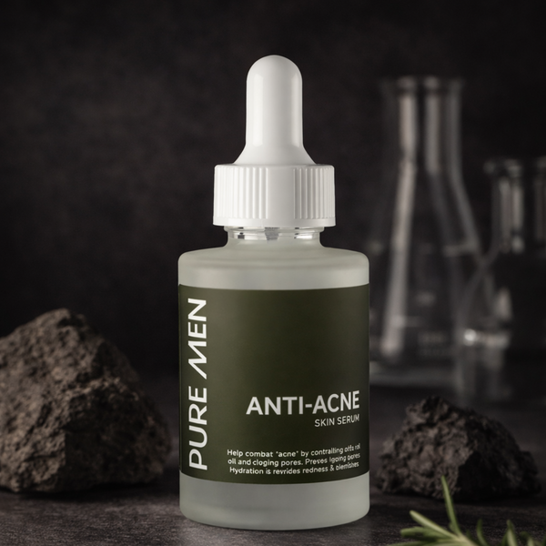 Bottle of Pure Men Anti-Acne Skin Serum with a dark background