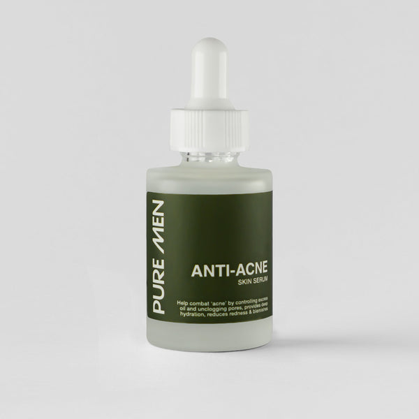 Bottle of Pure Men Anti-Acne serum on a white background