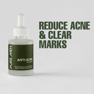 Bottle of Pure Men Anti-Acne Skin Serum with text 'Reduce Acne & Clear Marks' on a light gray background