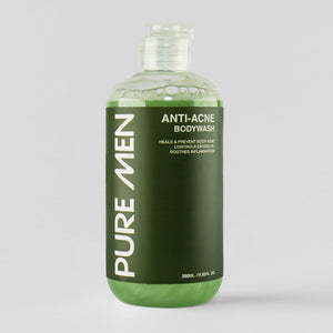 Green bottle of Pure Men Anti-Acne Bodywash on a light gray background