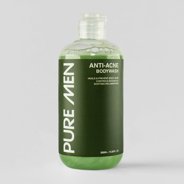 Green bottle of Pure Men Anti-Acne Bodywash on a light gray background