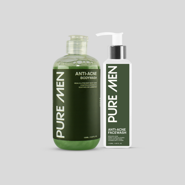 Two bottles of Pure Men skincare products Anti Acne Doe on a gray background