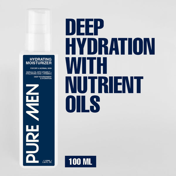 Bottle of 'PURE MEN' hydrating moisturizer with text 'DEEP HYDRATION WITH NUTRIENT OILS' on a light gray background.