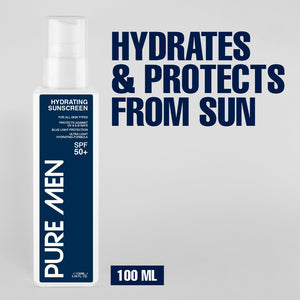 Pure Men sunscreen bottle with text on a gray background