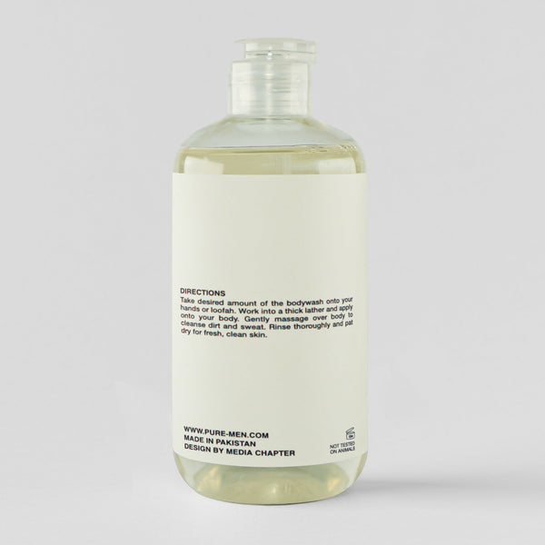Bottle of body wash with label on a white background