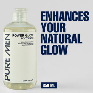 Bottle of Pure Men Power Glow Bodywash with text on a gray background