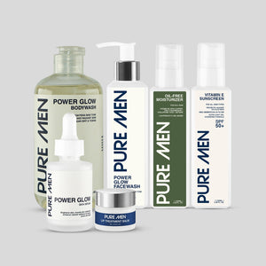 Collection of Pure Men skincare products  Power glow products on a gray background