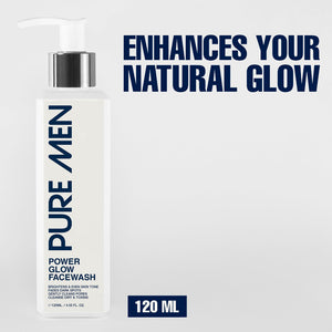 PURE MEN Power Glow Facewash bottle with text 'Enhances your natural glow' on a light gray background