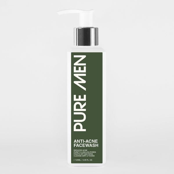 Green bottle of Pure Men Anti-Acne Facewash on a white background