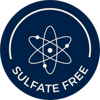 Sulfate free logo with an atom symbol on a blue background