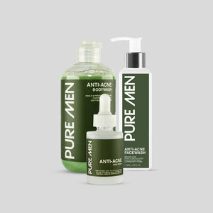 Three bottles of Pure Men anti-acne skincare products on a light gray background