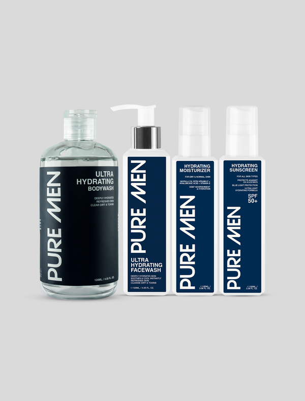 Collection of Pure Men skincare products Ultra Hydration bundle on a gray background