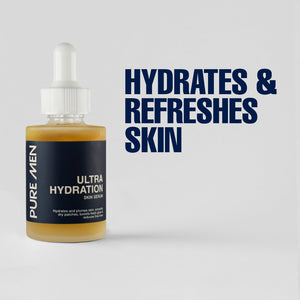 Bottle of Pure Men Ultra Hydration skin serum with text on a light gray background