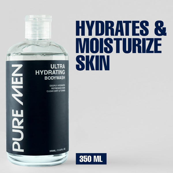 Bottle of Pure Men Ultra Hydrating Bodywash with text on a gray background