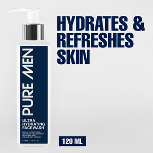 PURE MEN ultra hydrating facewash bottle with text on a light gray background