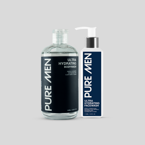 Two bottles of Pure Men skincare products ultra hydration bundle  on a light gray background