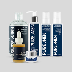 Collection of Pure Men skincare products on a gray background
