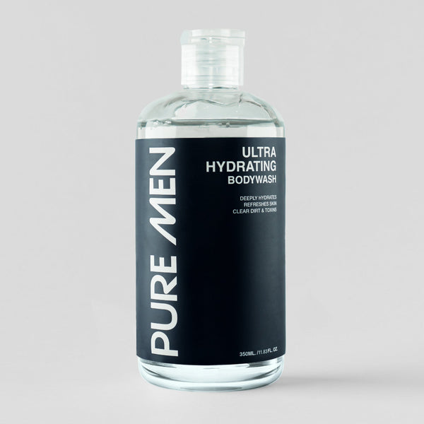 Bottle of Pure Men Ultra Hydrating Bodywash on a light gray background