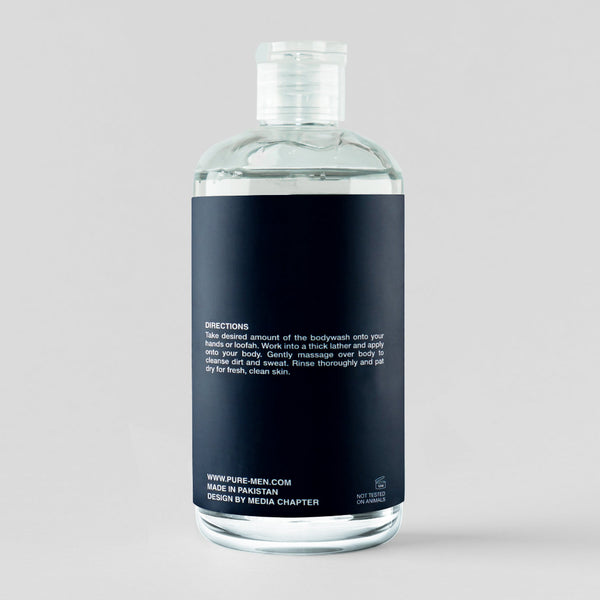 Clear bottle with a dark label on a light gray background