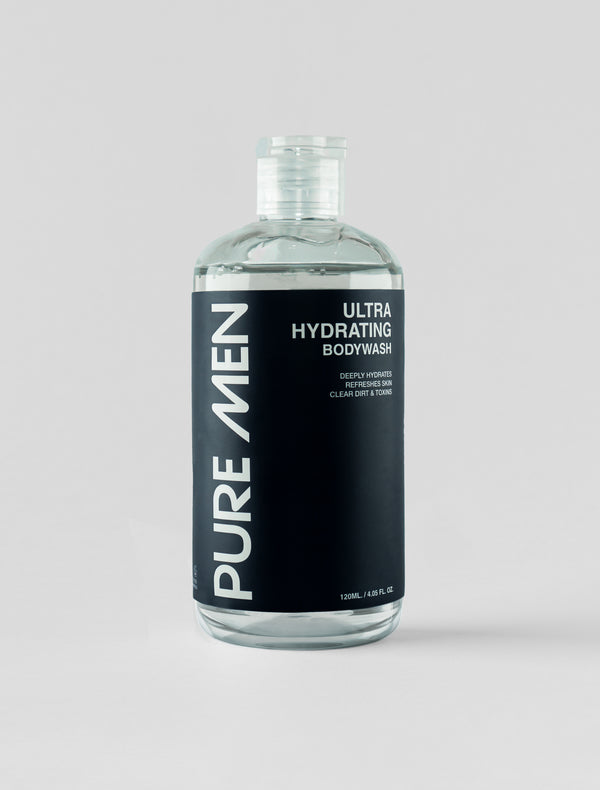 Bottle of Pure Men Ultra Hydrating Bodywash on a light gray background