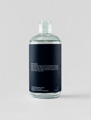 Clear bottle with a black label on a light gray background