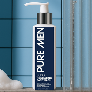 Bottle of Pure Men Ultra Hydrating Facewash on a bathroom counter with blue tiled wall in the background
