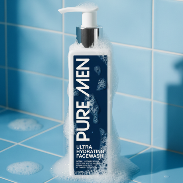 Bottle of Pure Men Ultra Hydrating Facewash on a blue tiled background