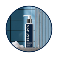 PURE MEN face wash bottle on a bathroom shelf with tiled wall background